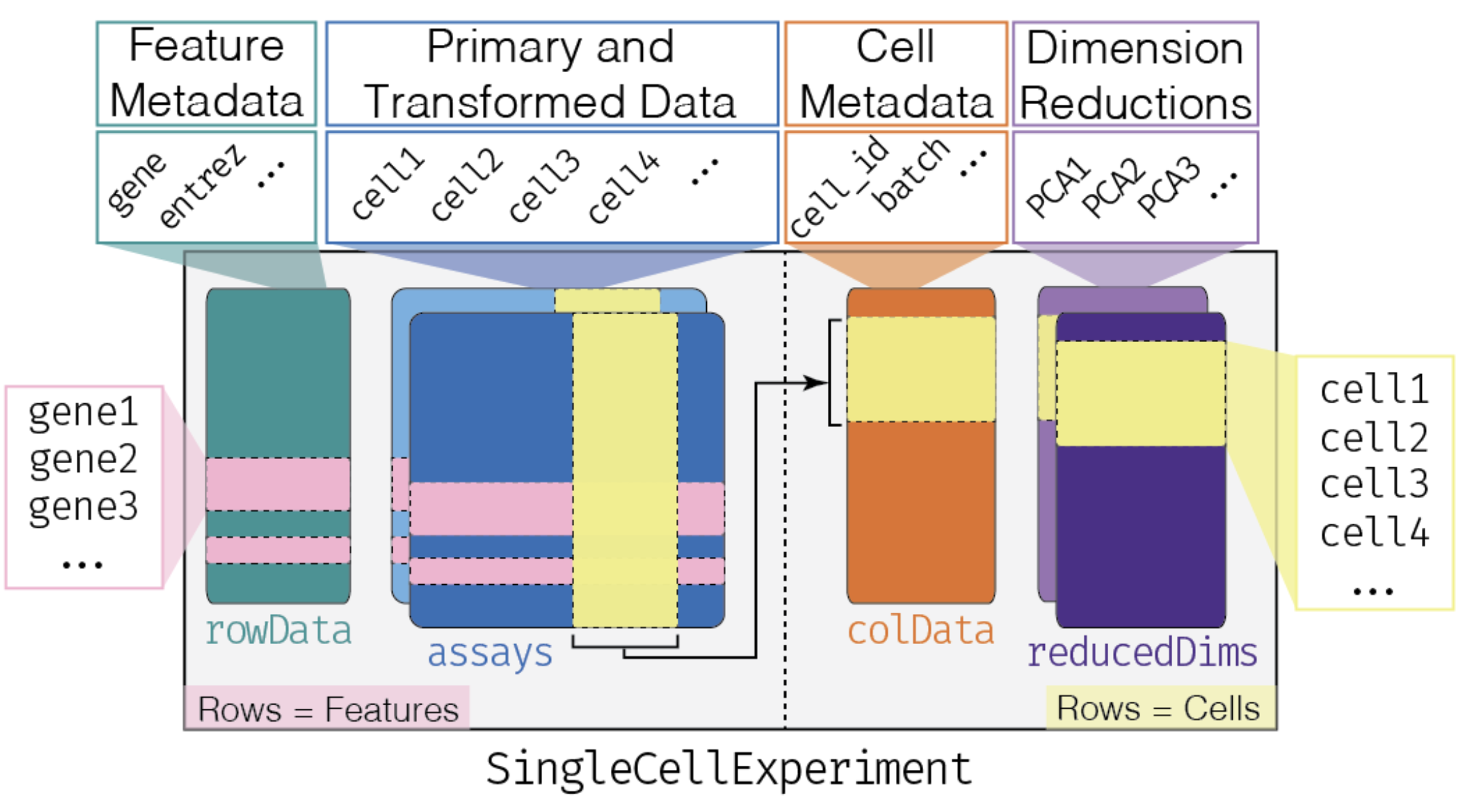 SingleCellExperiment (source: the package vignette; \<https://bioconductor.org/packages/SingleCellExperiment/)