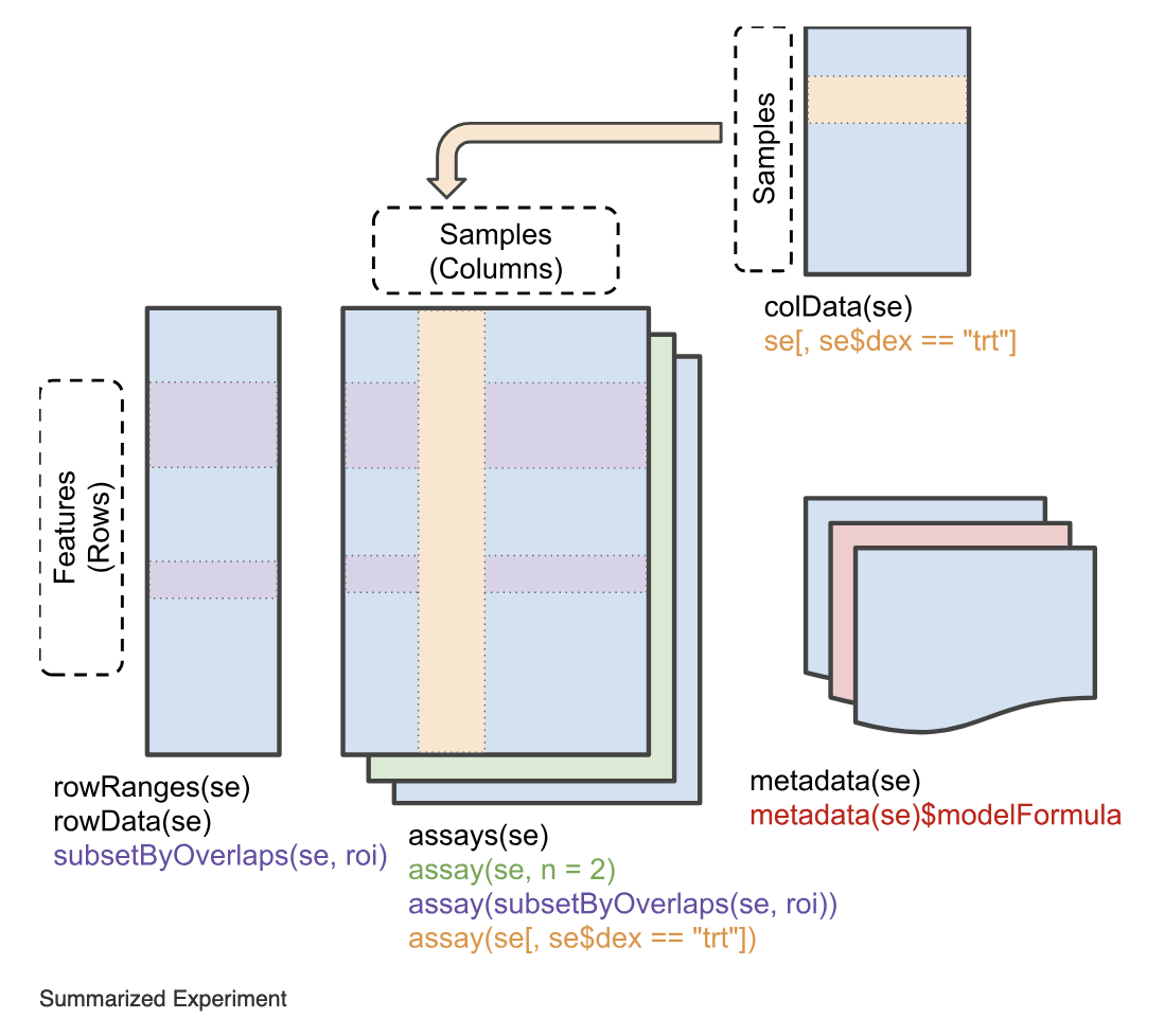 SummarizedExperiment (source: the package vignette; https://bioconductor.org/packages/SummarizedExperiment/)